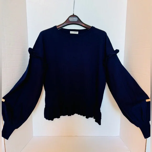 Ulla Johnson Navy Ruffle Cotton/Cashmere Sweater